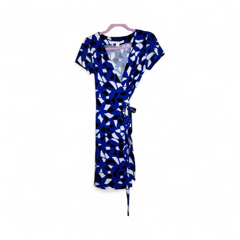 Diane Von Furstenberg Blue Mini Wrap Dress Womens 4 Cotton Silk Geometric Print - Picture 3 of 12